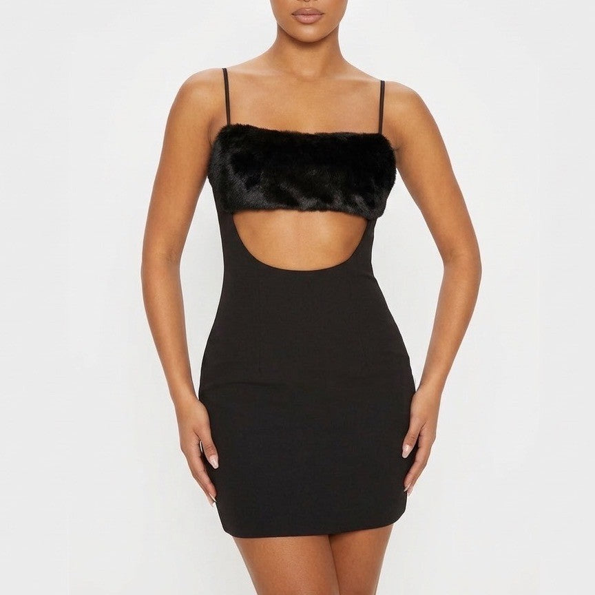Naked Wardrobe Black Faux Fur Trim Cutout Mini Dress NWH19-D9 Small
