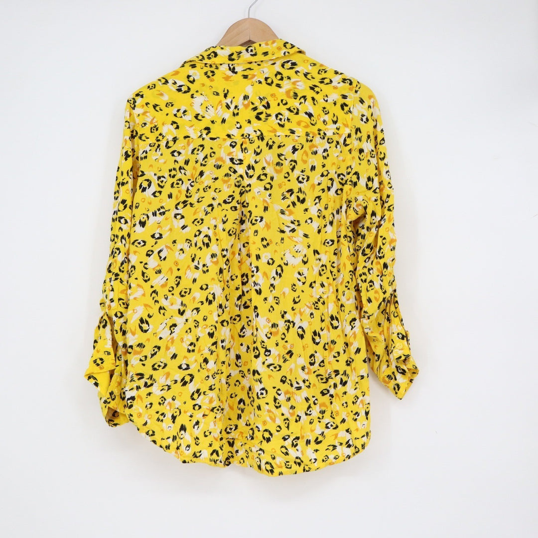 Velvet Heart Yellow Leopard Print Button Down Shirt Roll Tab Sleeve Large