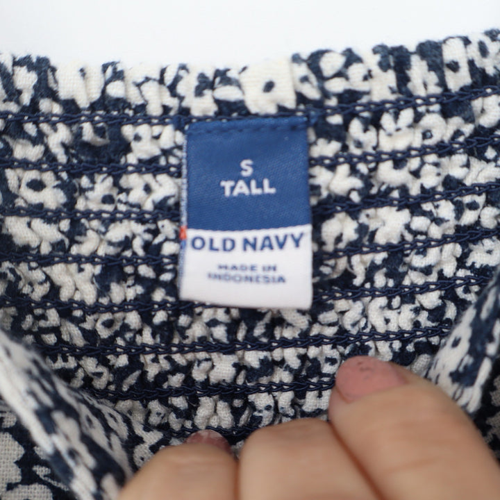 Old Navy Womens S Tall Linen Blend Floral Smocked Back Mini Dress Navy White