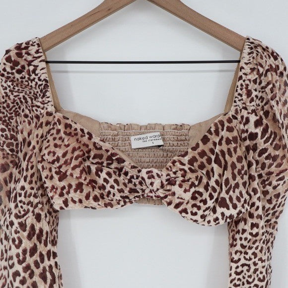 Naked Wardrobe Leopard Print Long Sleeve Crop Top Sweetheart Knot Small