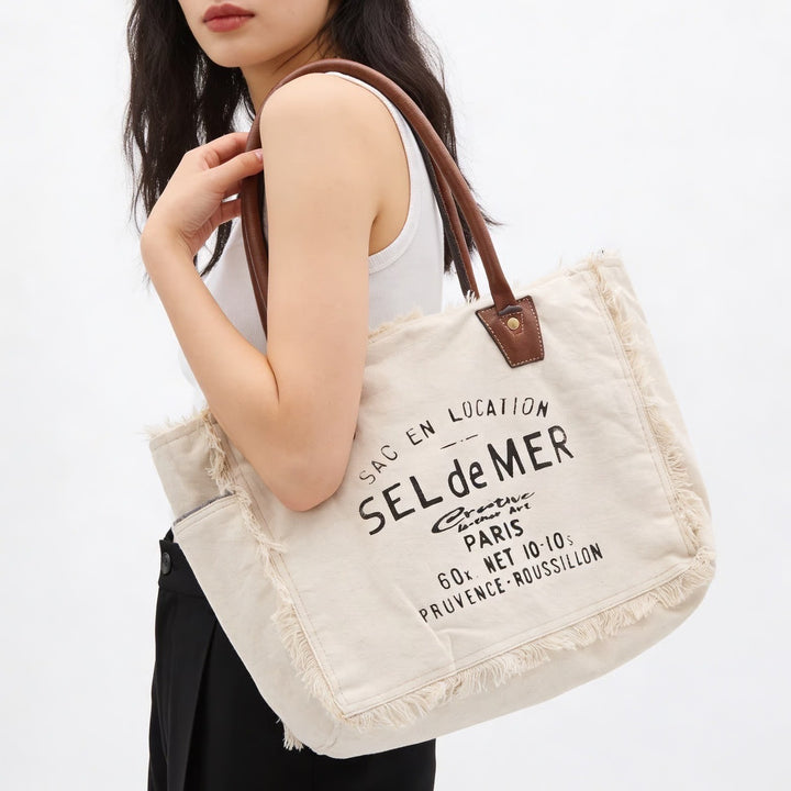 Creative Leather Art Sel de Mer Paris Canvas Tote Bag Cream Brown Frayed Edge