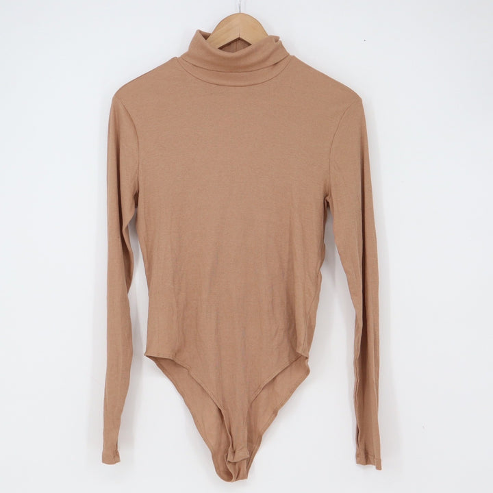 H&M Bodysuit Womens M Turtleneck Tan Long Sleeve Ribbed Cotton Excellent