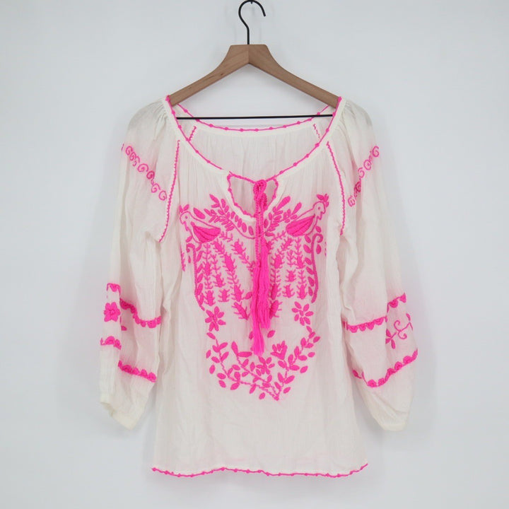 White Boho Embroidered Tassel Tie Neck Tunic Top Pink Birds