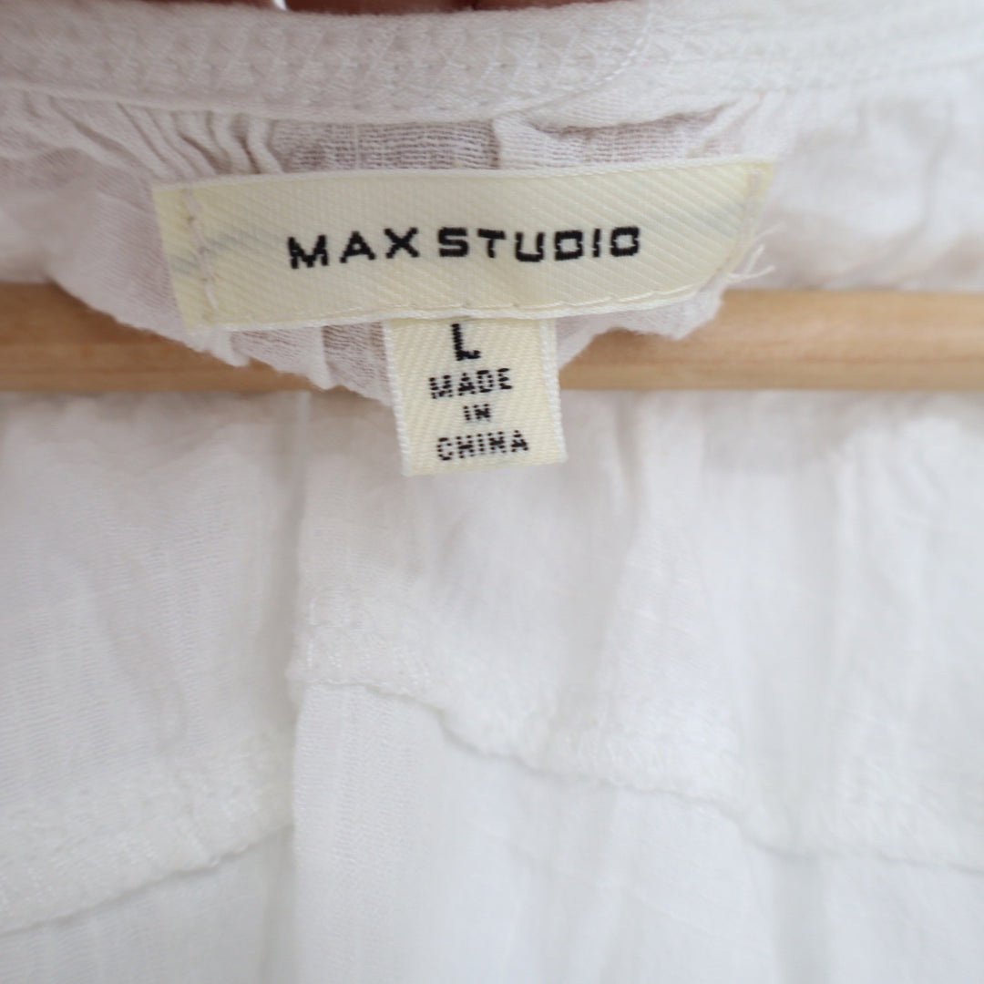 Max Studio White V-Neck Peasant Blouse Short Flutter Sleeve Gauze Top L