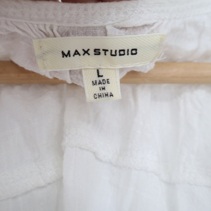 Max Studio White V-Neck Peasant Blouse Short Flutter Sleeve Gauze Top L