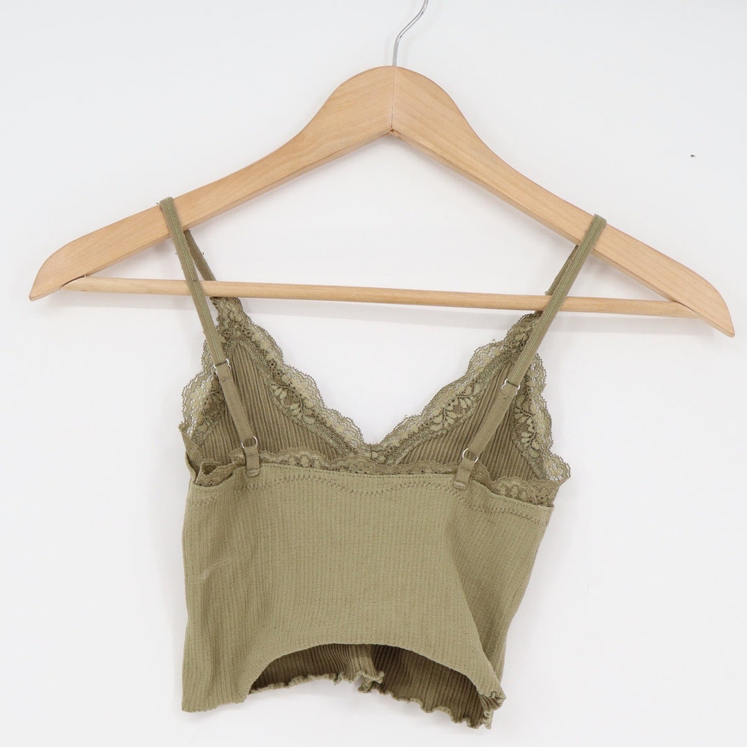 Olive Green Ribbed Lace Trim Cropped Camisole V-Neck Adjustable Straps Top