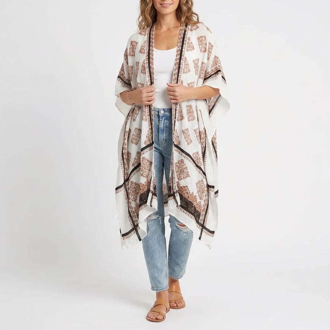 Modena Womens One Size Medallion Print Viscose Kimono Wrap White Rust Black