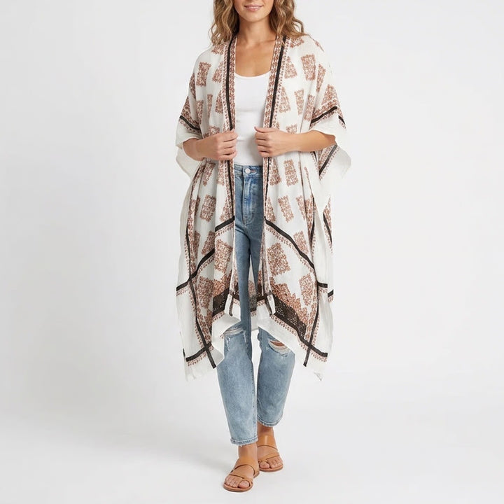 Modena Womens One Size Medallion Print Viscose Kimono Wrap White Rust Black