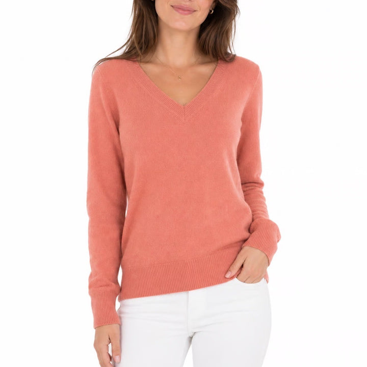 Magaschoni Womens 100% Cashmere V-Neck Sweater Coral Pink XS