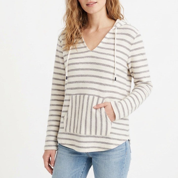 Old Navy Hoodie Womens Large White Blue Striped Cotton Kangaroo Pocket Pullover