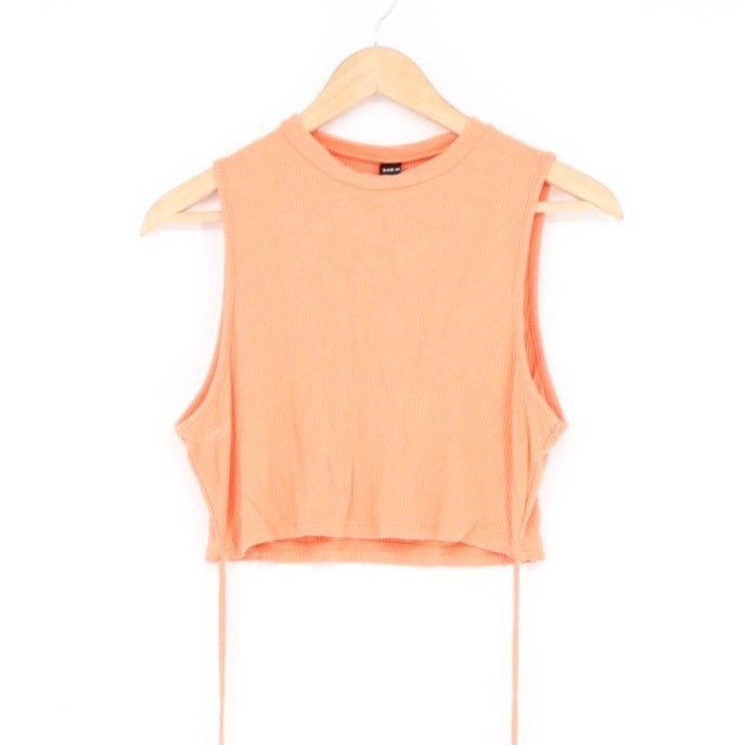 Shein Crop Top Womens XL Orange Stretch Knit Ribbed Crew Neck Sleeveless Tie Hem