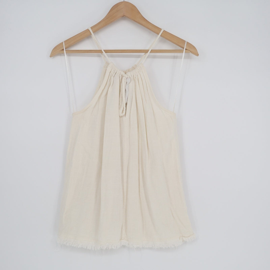 Promesa Beach Mini Dress Womens Medium White Halter Neck Raw Hem Button Details