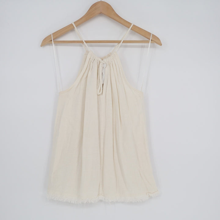 Promesa Beach Mini Dress Womens Medium White Halter Neck Raw Hem Button Details