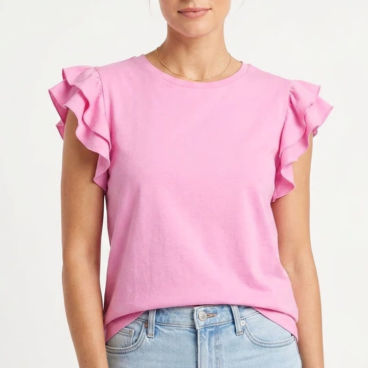 CeCe Pink Ruffle Sleeve Crew Neck Knit Top Size L