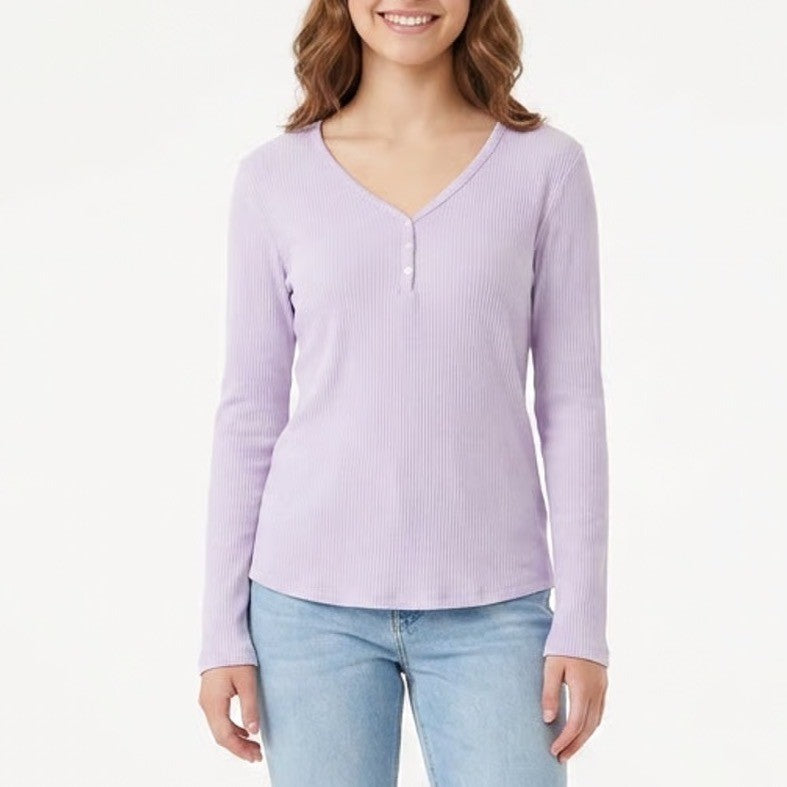 Sonoma Goods For Life Lavender Ribbed Henley Long Sleeve Top Purple Large