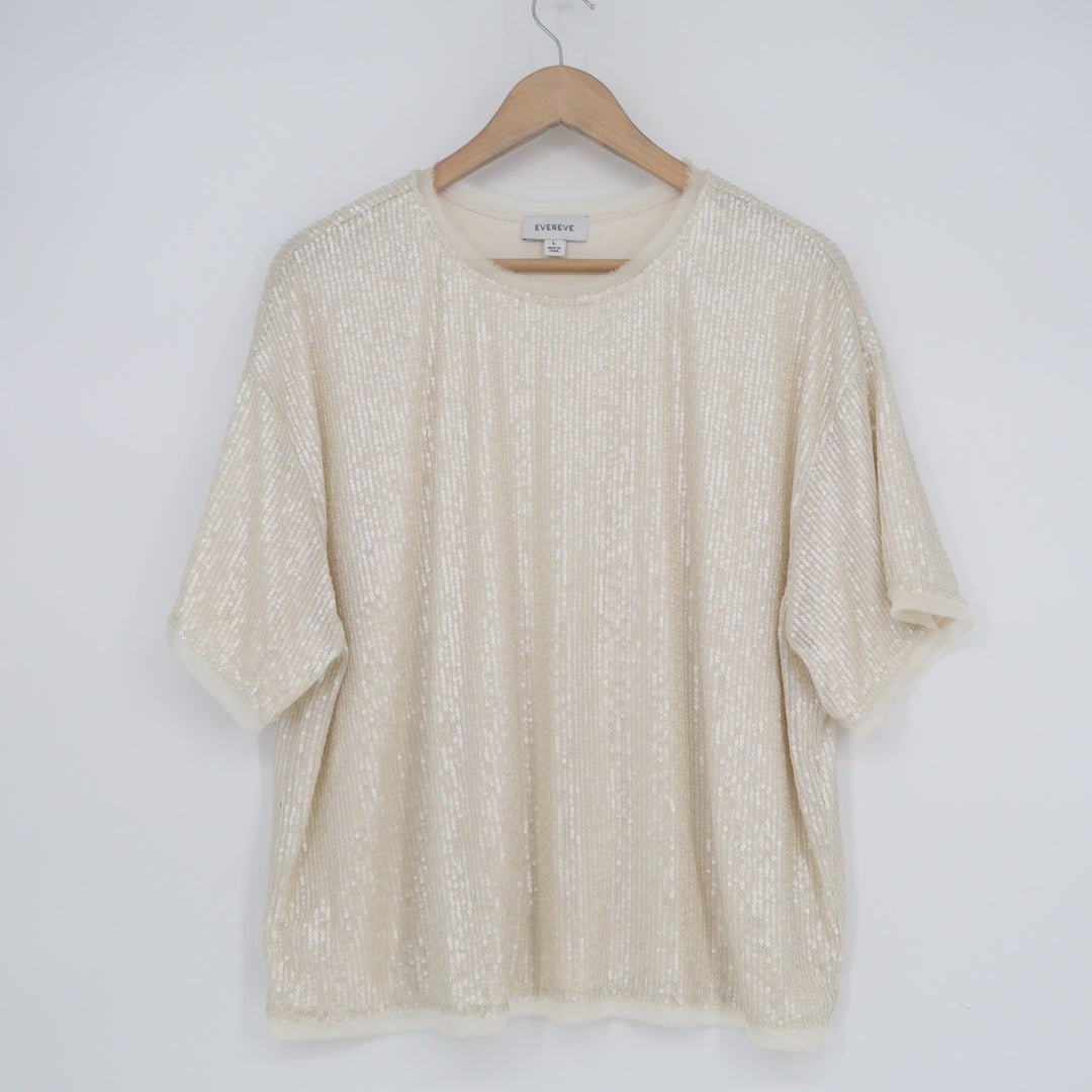 Evereve T Shirt Top Womens Large Beige Sequin Short Sleeve Crew Neck Pullover