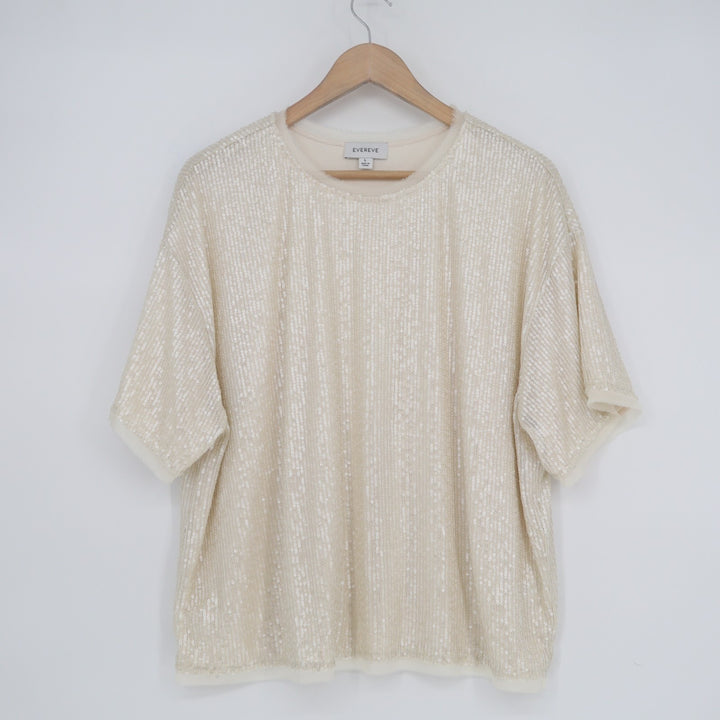 Evereve T Shirt Top Womens Large Beige Sequin Short Sleeve Crew Neck Pullover