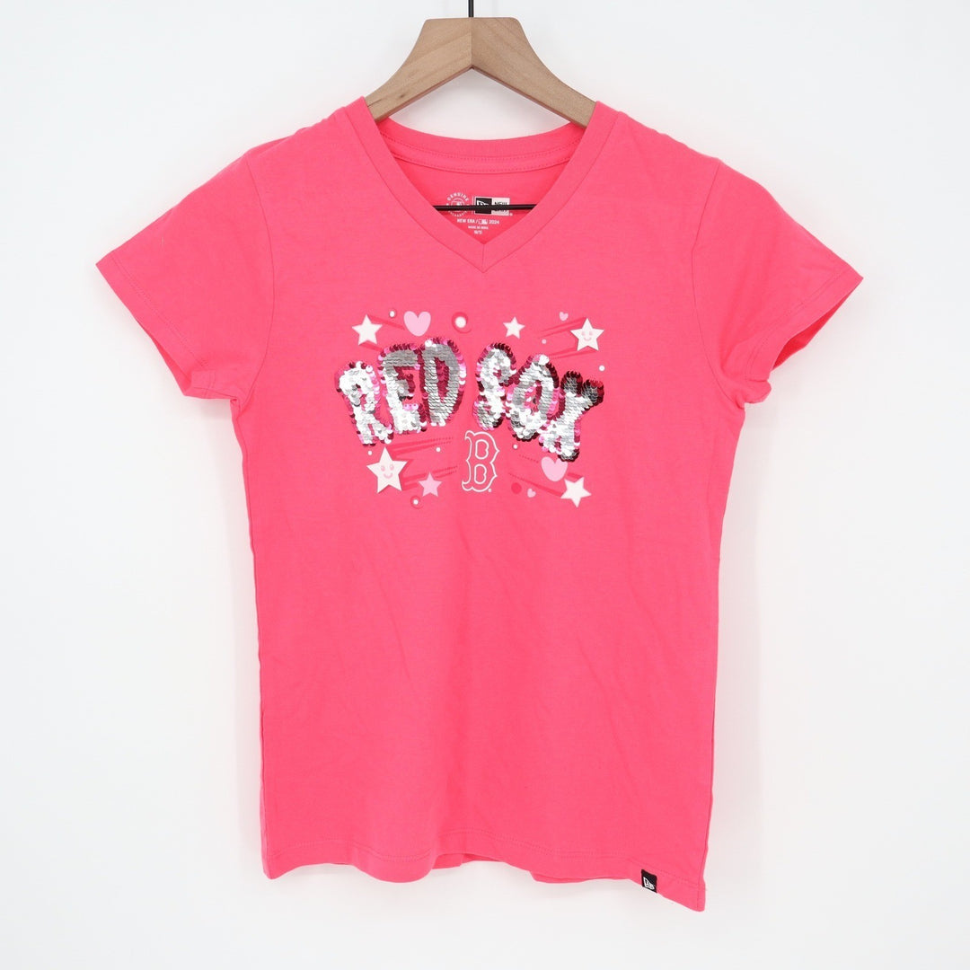 New Era Boston Red Sox Girls Pink Sequin V-Neck T-Shirt Size 10/12 MLB 2024