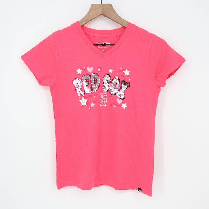 New Era Boston Red Sox Girls Pink Sequin V-Neck T-Shirt Size 10/12 MLB 2024