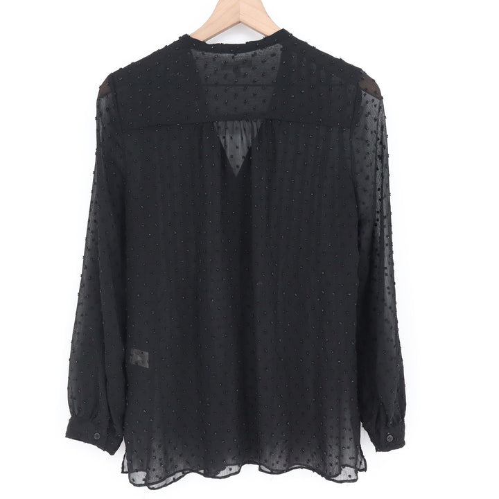 Max Studio Black Clip Dot Pintuck V-Neck Blouse Long Sleeve Sheer Top Small