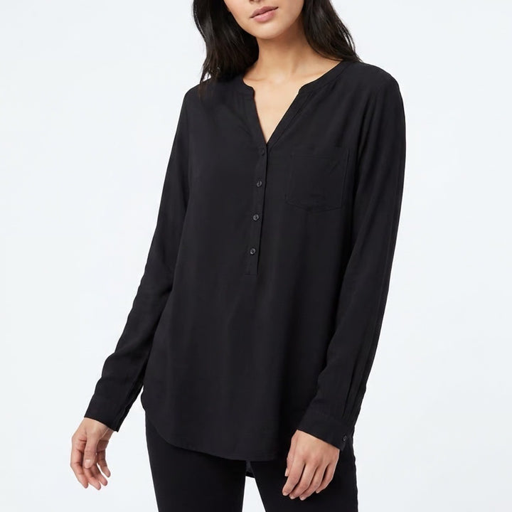 Merona Tunic Top Womens L Black Button Split Neck Roll Tab Sleeve Front Pocket