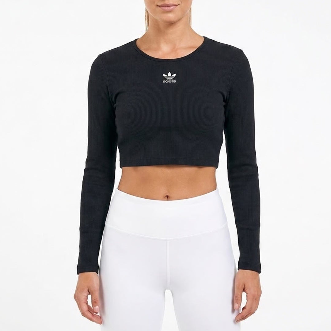 Adidas Originals Womens ESS CROP LS Black Ribbed Long Sleeve Crop Top M