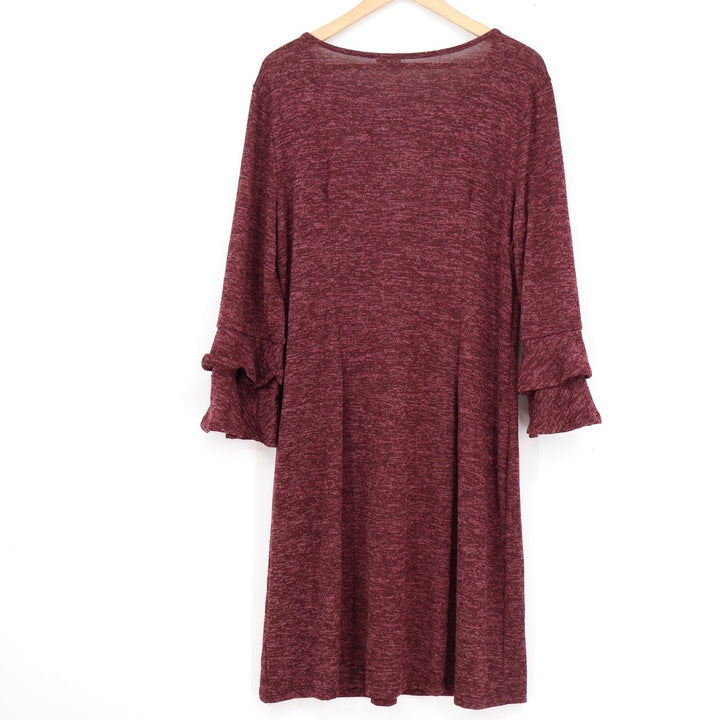 Tacera Womens XL Burgundy Space Dye Ruffle Sleeve Ring Detail Shift Dress