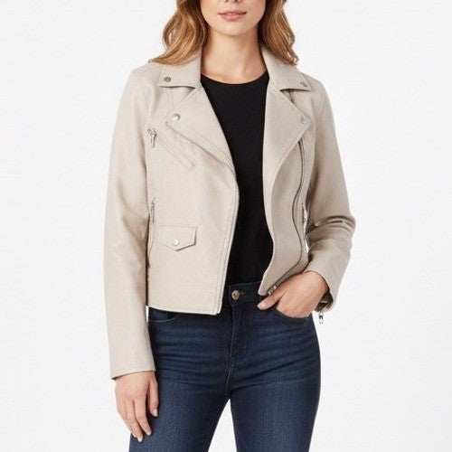 Blanknyc Life Changer Moto Jacket Women Small Beige Full Zip Pockets Notch Lapel
