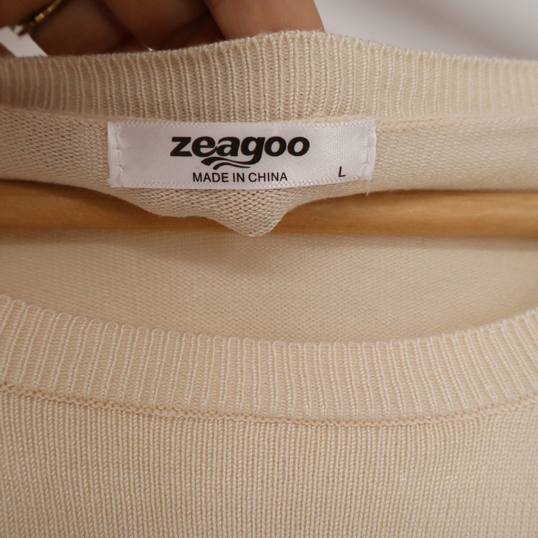Zeagoo Womens Cream Black Striped Short Sleeve Knit Sweater Top Size L