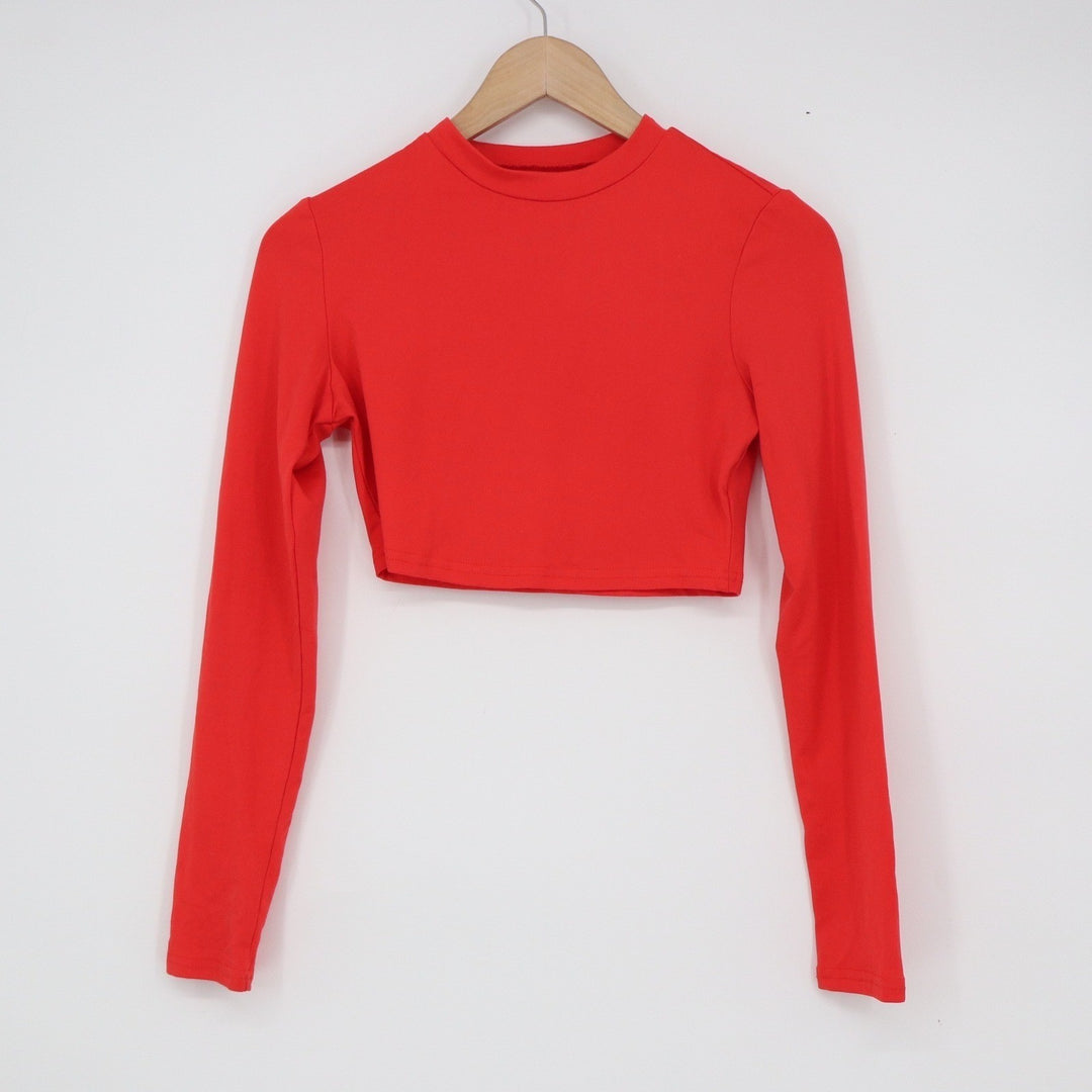 Red Mock Neck Long Sleeve Crop Top Slim Fit Athletic Minimalist Small