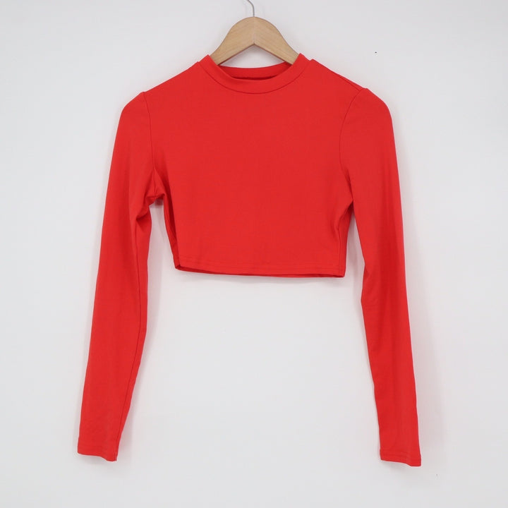 Red Mock Neck Long Sleeve Crop Top Slim Fit Athletic Minimalist Small