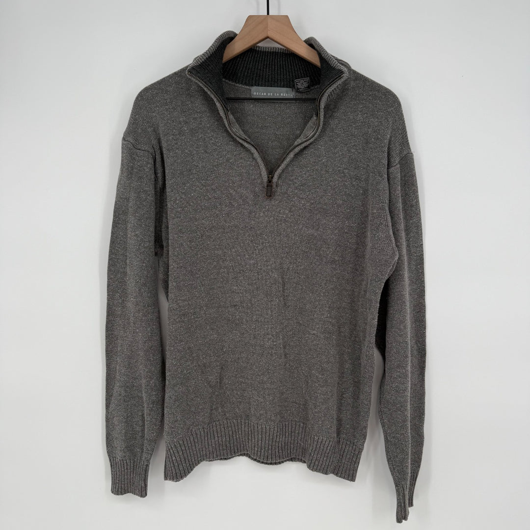Oscar De La Renta Sweater Men Large Gray Cotton Tight Knit Mock Neck Quarter Zip