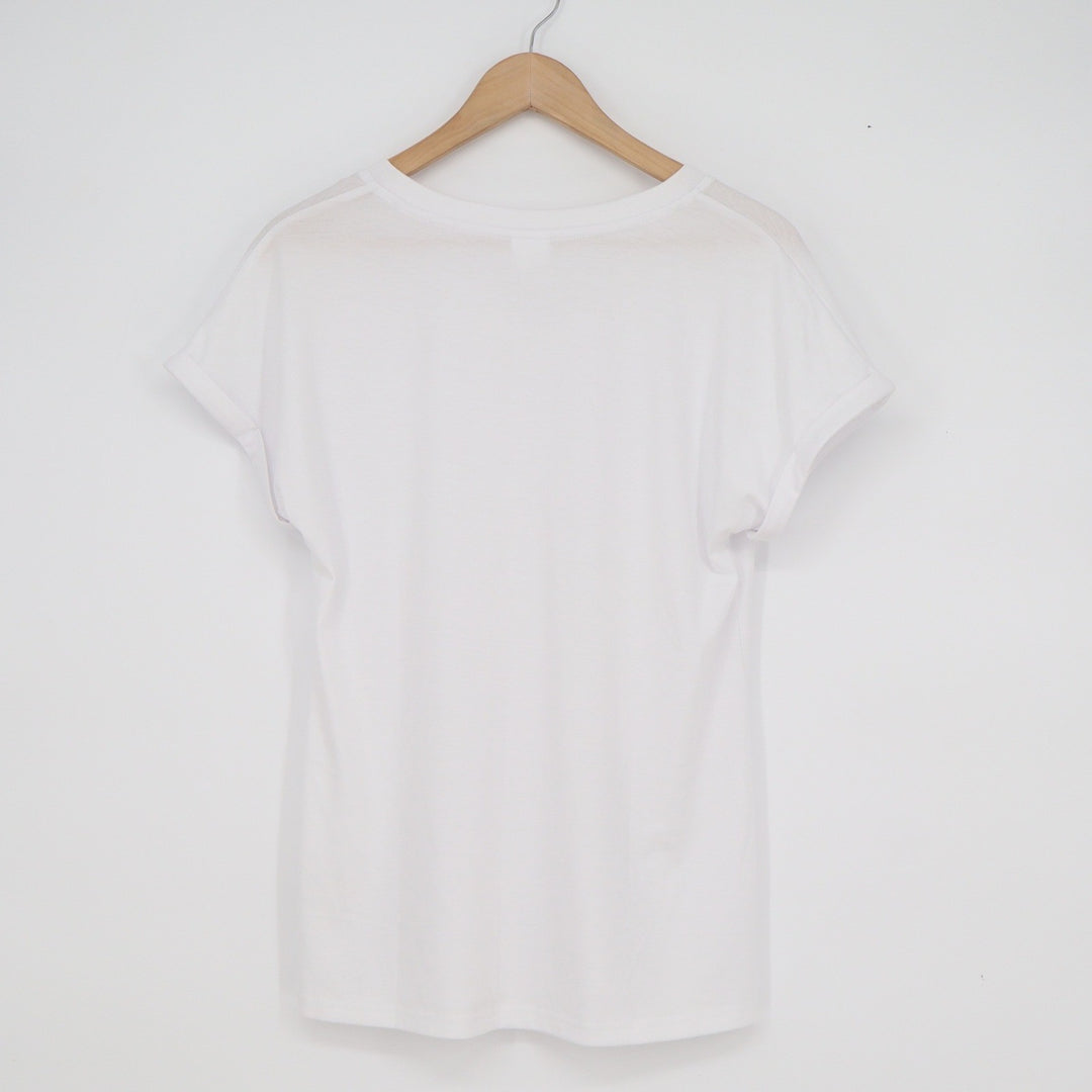 XIEERDUO Womens White V-Neck Short Sleeve Rolled Cuff T-Shirt Size S