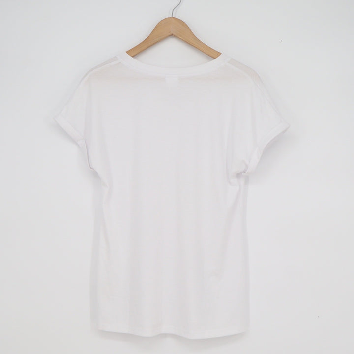 XIEERDUO Womens White V-Neck Short Sleeve Rolled Cuff T-Shirt Size S