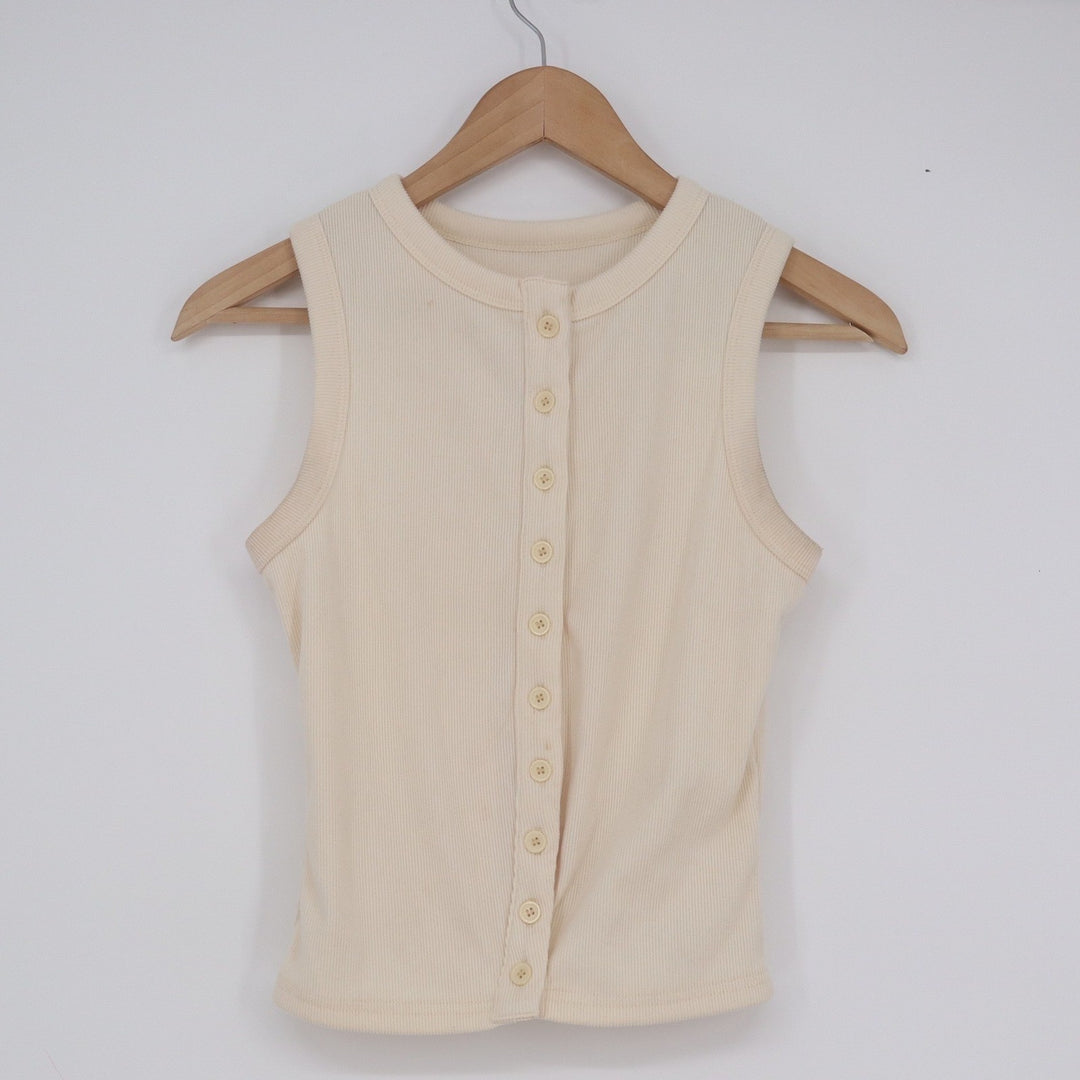 Cream Ribbed Button Front Tank Top Sleeveless Crew Neck Knit Vest Small