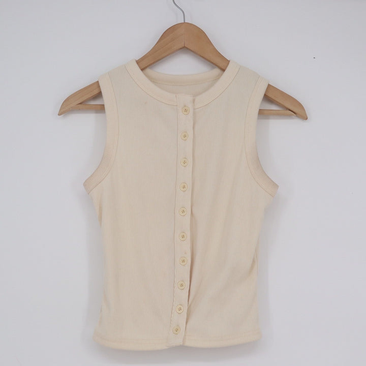 Cream Ribbed Button Front Tank Top Sleeveless Crew Neck Knit Vest Small
