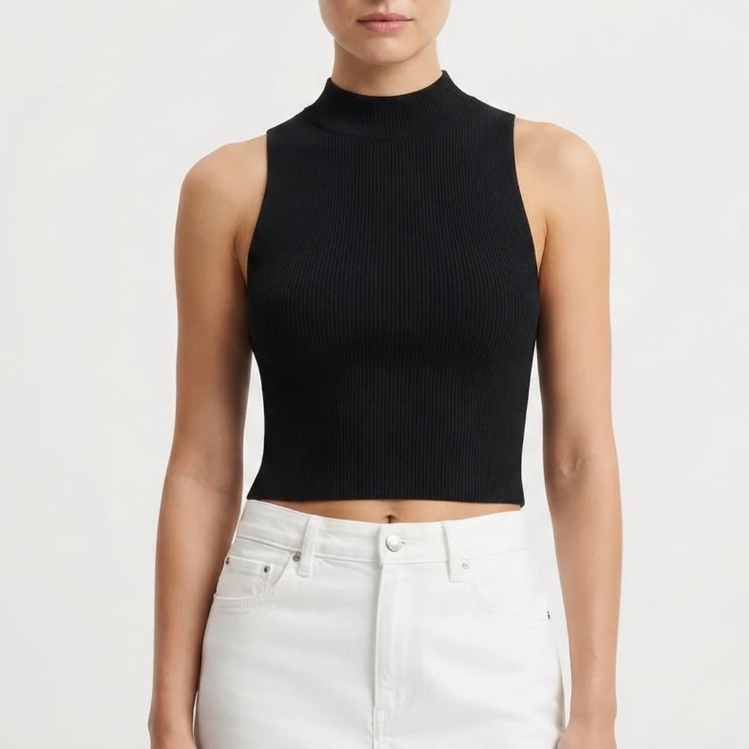 A New Day Black Ribbed Mock Neck Sleeveless Tank Top Large