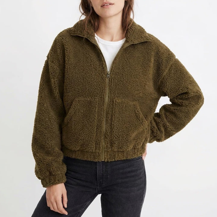 Old Navy Mens Small Olive Green Sherpa Fleece Full Zip Jacket Mock Neck