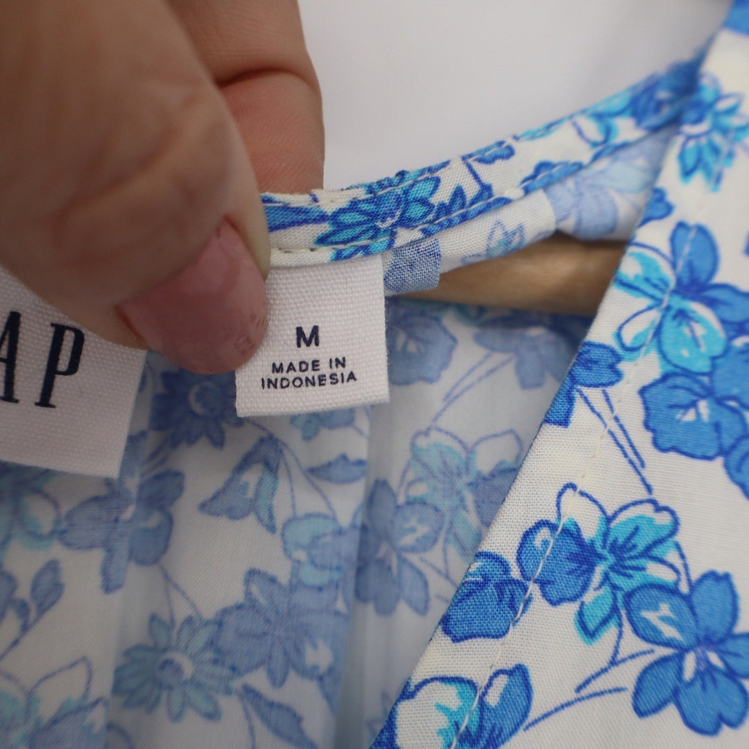 Gap Womens Blue White Floral V-Neck Tiered Mini Dress Size M Rayon Pockets
