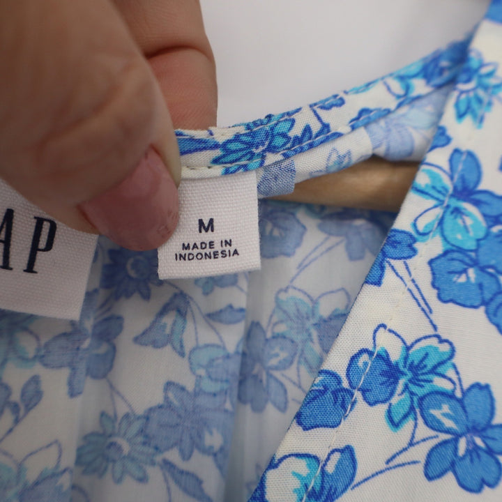 Gap Womens Blue White Floral V-Neck Tiered Mini Dress Size M Rayon Pockets