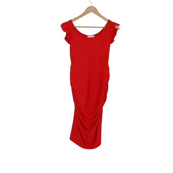 B-home Womens Maternity Bodycon Dress Red Ruffle Cap Sleeve Ruched Size M