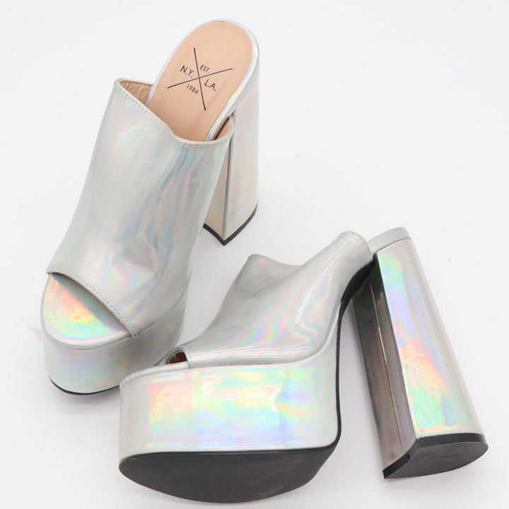 NYLA Silver Holographic Platform Mules Chunky Block Heel Open Toe Size 7
