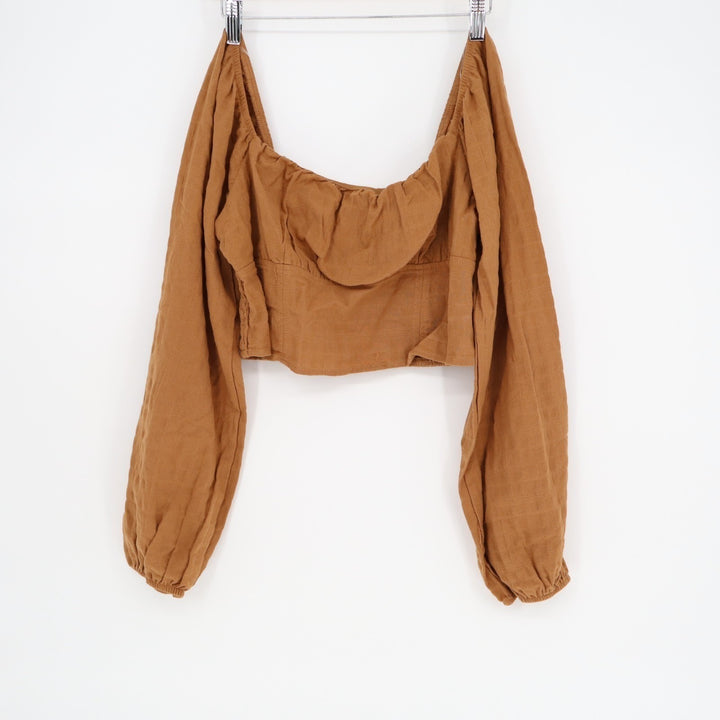 Wild Fable Crop Top Womens M Brown Cotton Stretch Pleated Smocked Square Neck