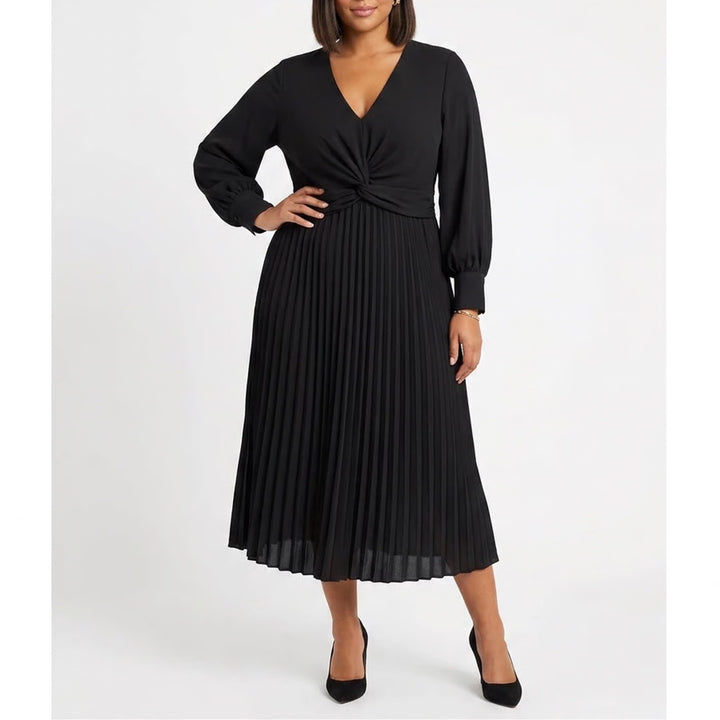 Eloquii Black Twist Front Pleated Midi Dress Plus Size 18 Long Sleeve V-Neck