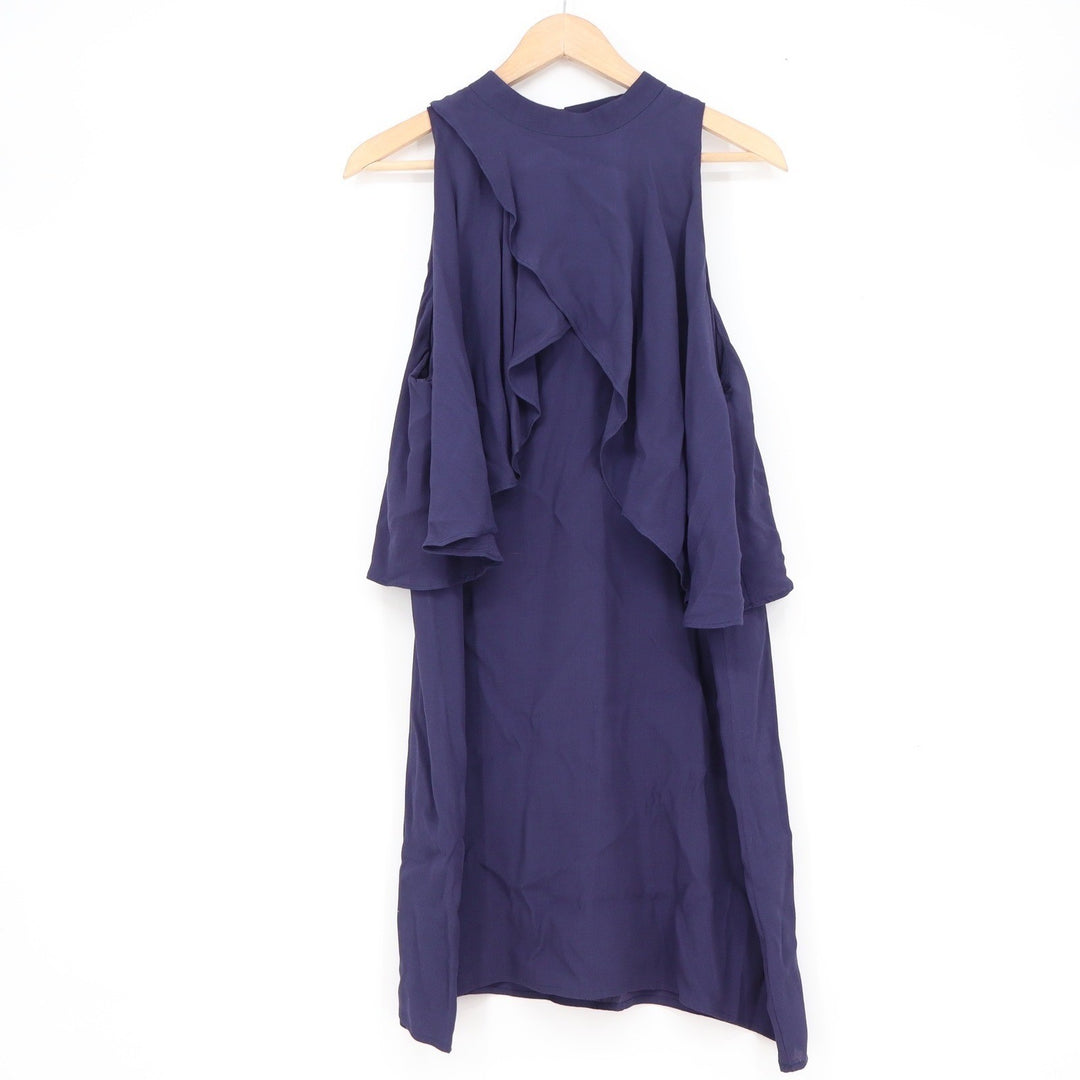 Pink Owl Navy Purple Cold Shoulder Ruffle Mock Neck Shift Dress Large