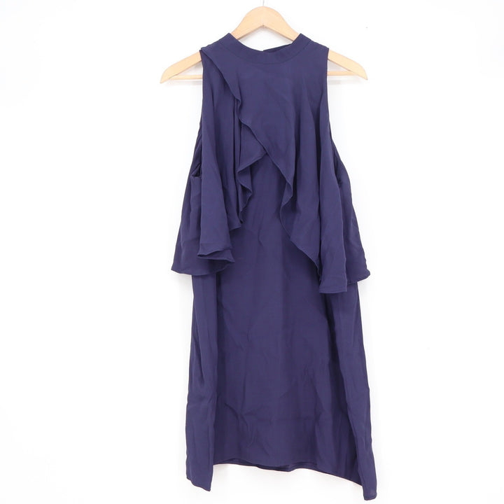 Pink Owl Navy Purple Cold Shoulder Ruffle Mock Neck Shift Dress Large