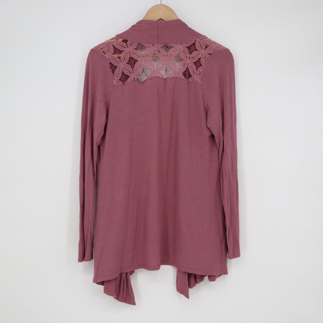Always Indigo Mauve Lace Back Open Front Draped Cardigan Womens Large