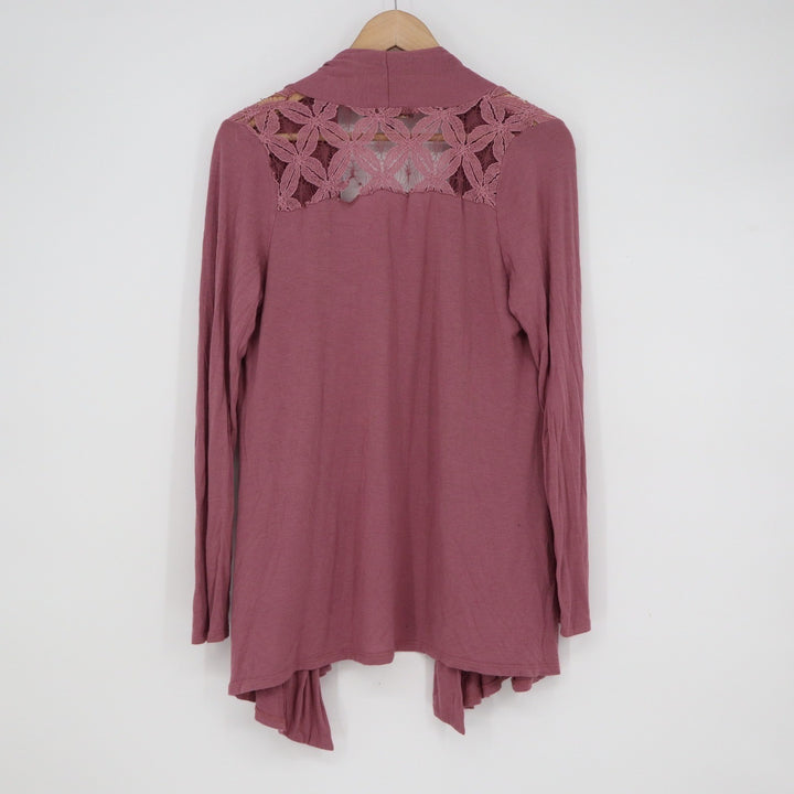 Always Indigo Mauve Lace Back Open Front Draped Cardigan Womens Large