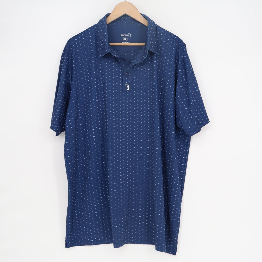Bogeybros Polo Shirt Men 2XL Blue Printed Short Sleeve Spread Collar Golf Tennis