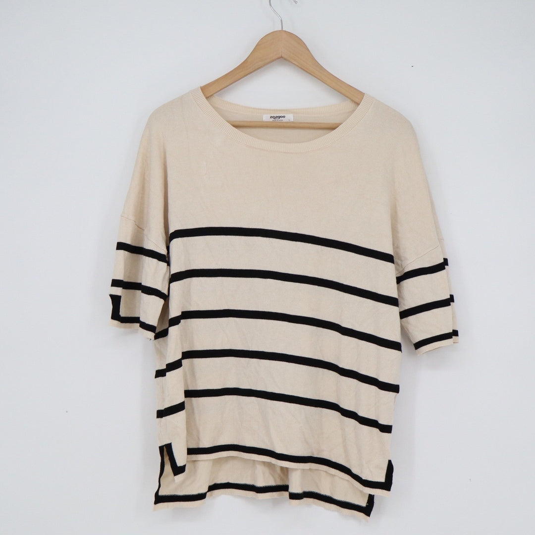 Zeagoo Womens Cream Black Striped Short Sleeve Knit Sweater Top Size L